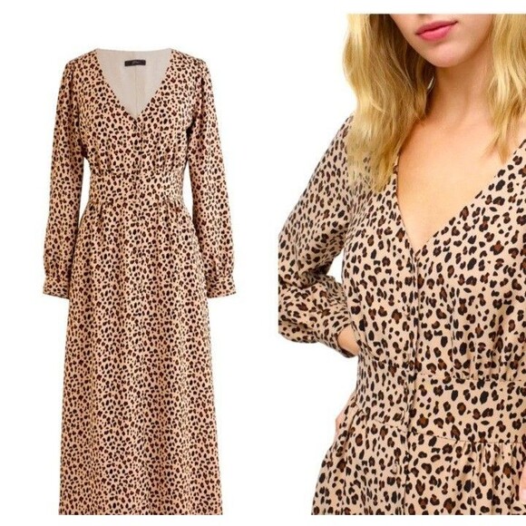 j crew Leopard Small Print V-neck Front Button Up Midi dress 2P - Picture 2 of 7